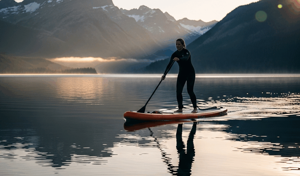 stand up paddleboarder on calm lake with mountain backdrop