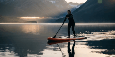 stand up paddleboarder on calm lake with mountain backdrop
